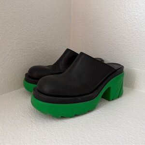 Bottega Veneta Black Leather Mules with Green Platform